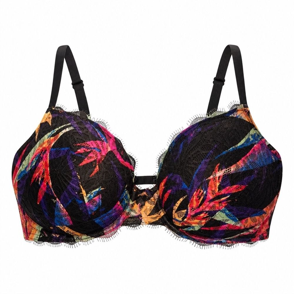 Victoria's Secret PINK Date Push-Up Bra 36C Black Lace Tropical Palm Racerback